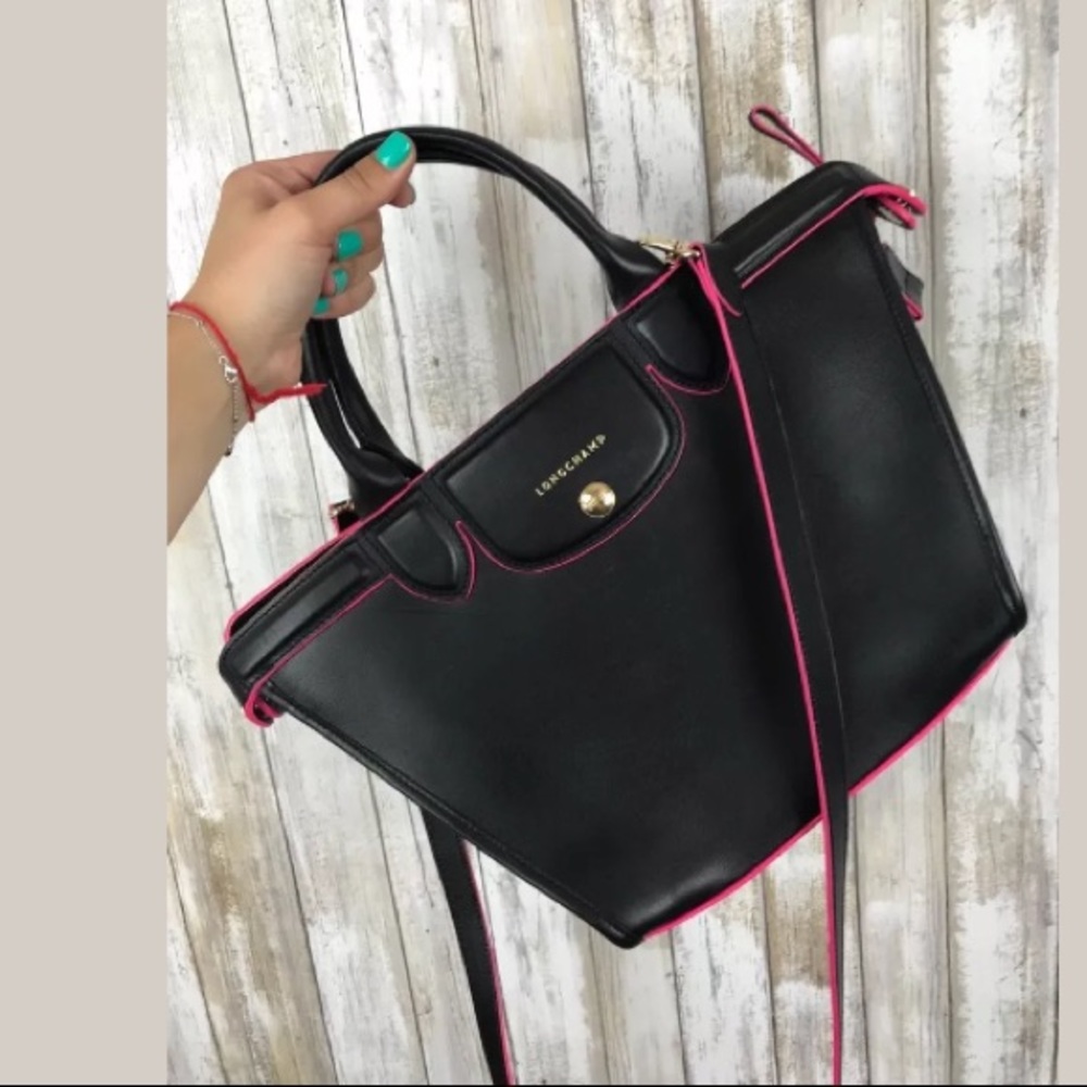 Longchamp Le Pliage Heritage Black Pink Leather - Picture 1 of 8
